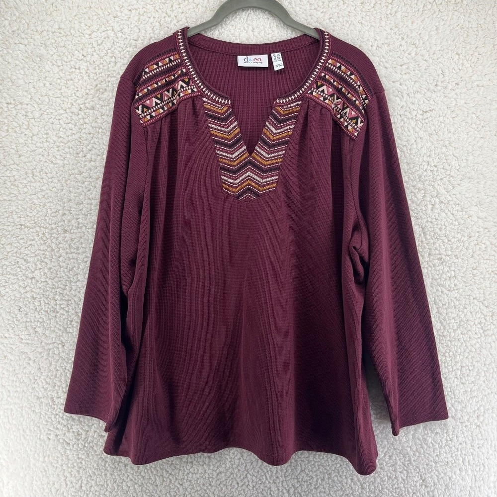 Denim & Co Women's 2X Tribal Burgundy Waffle Knit Embroidered Neck Top